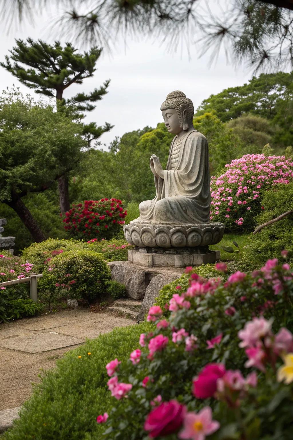 A spiritual statue surrounded by vibrant flowers, creating a focal point in the garden.