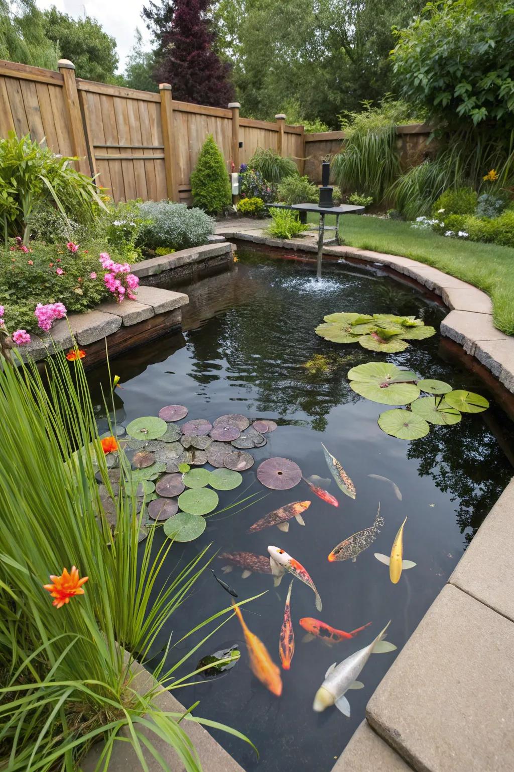 A preformed pond teeming with vibrant fish and lush aquatic plants.