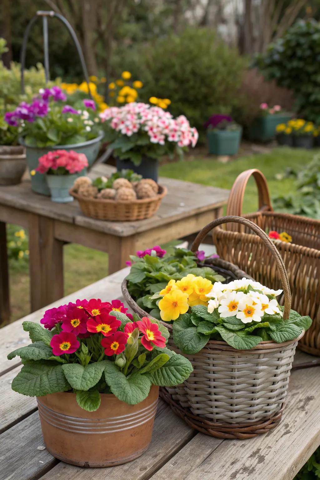 Creative containers make primrose displays stand out.