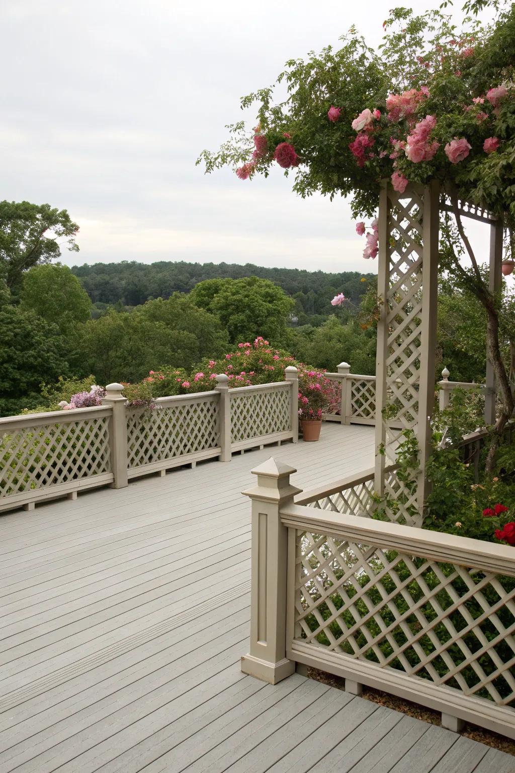 Lattice railings offer a classic touch to this serene deck setting.