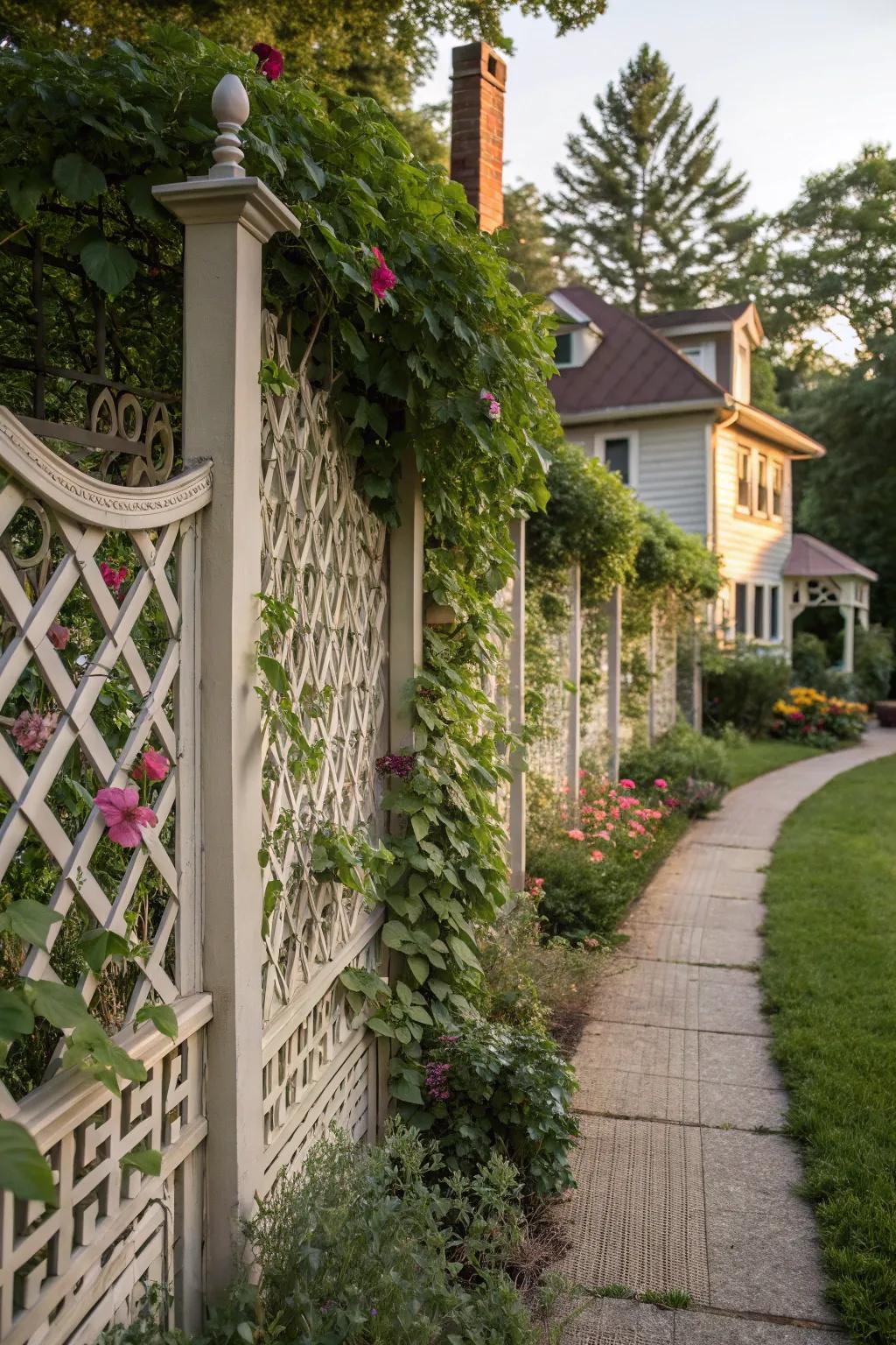 A decorative fence adorned with vines provides both privacy and beauty.