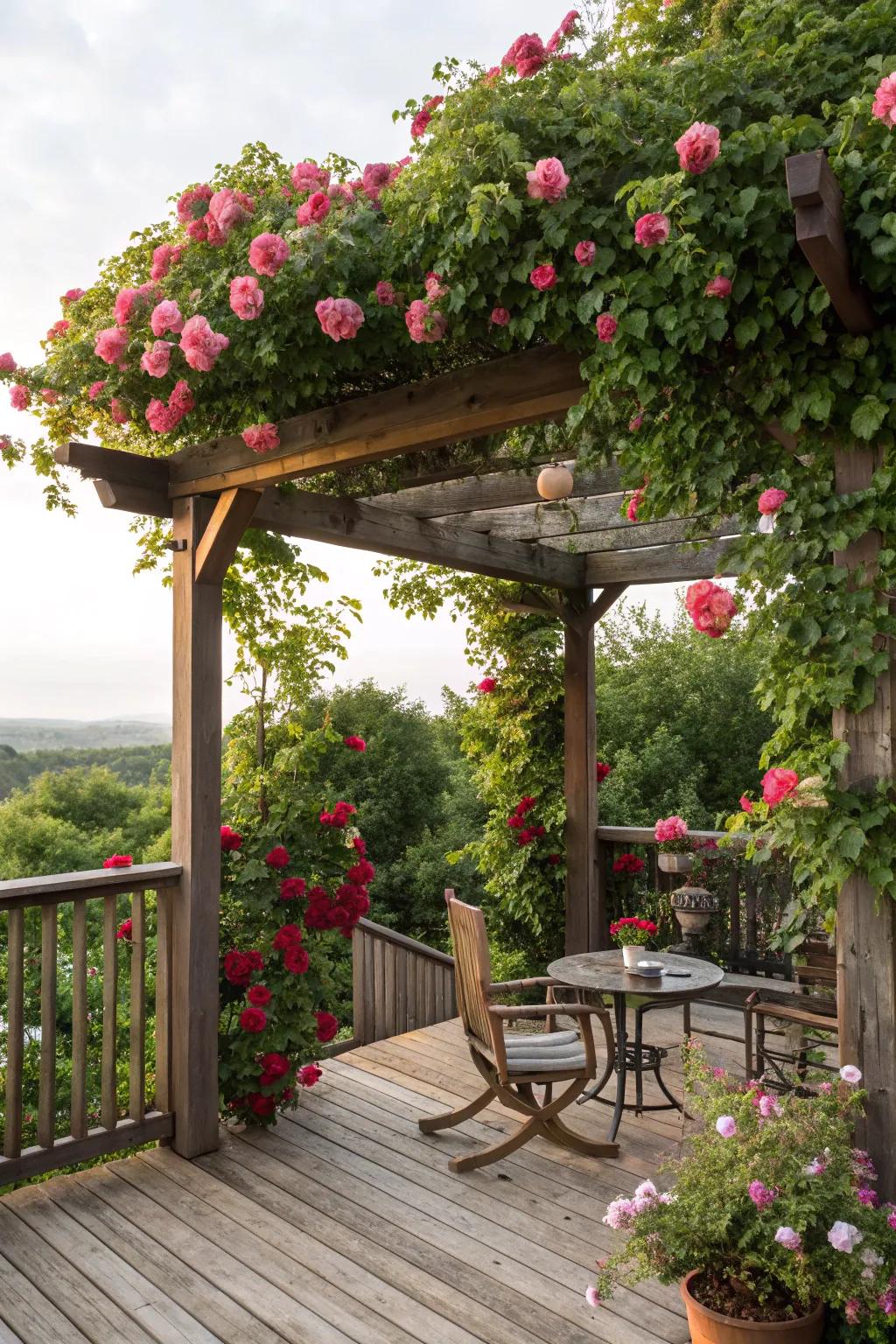 A pergola with climbing roses offers shade and privacy with style.