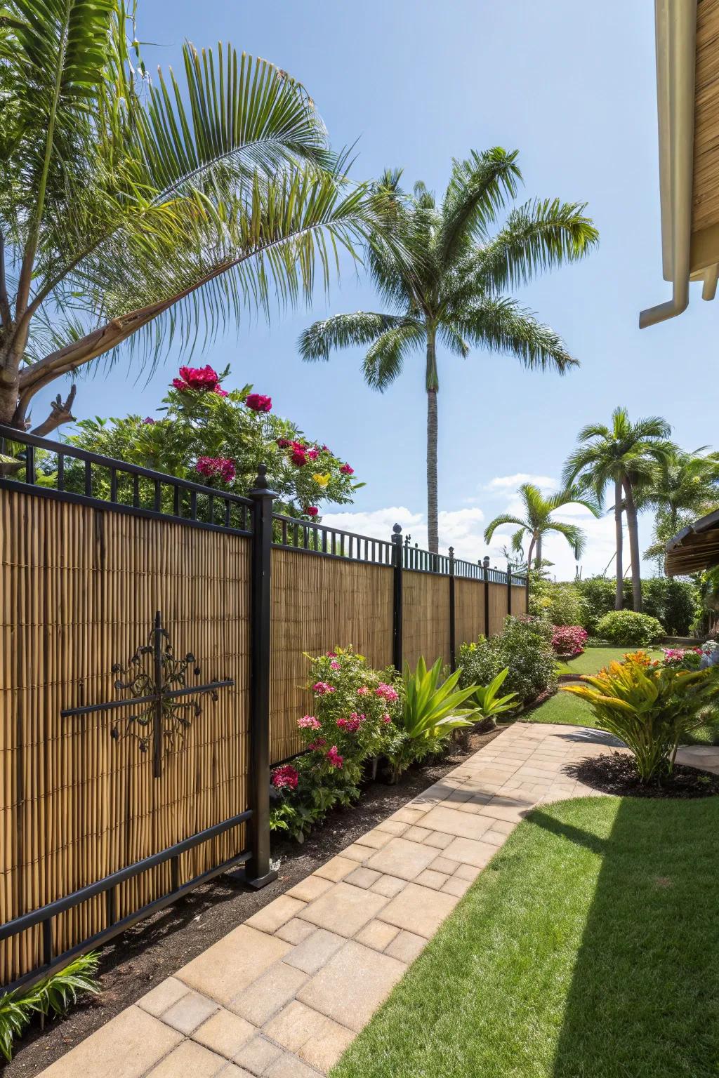 A wrought iron fence enhanced with bamboo screens for a tropical feel.