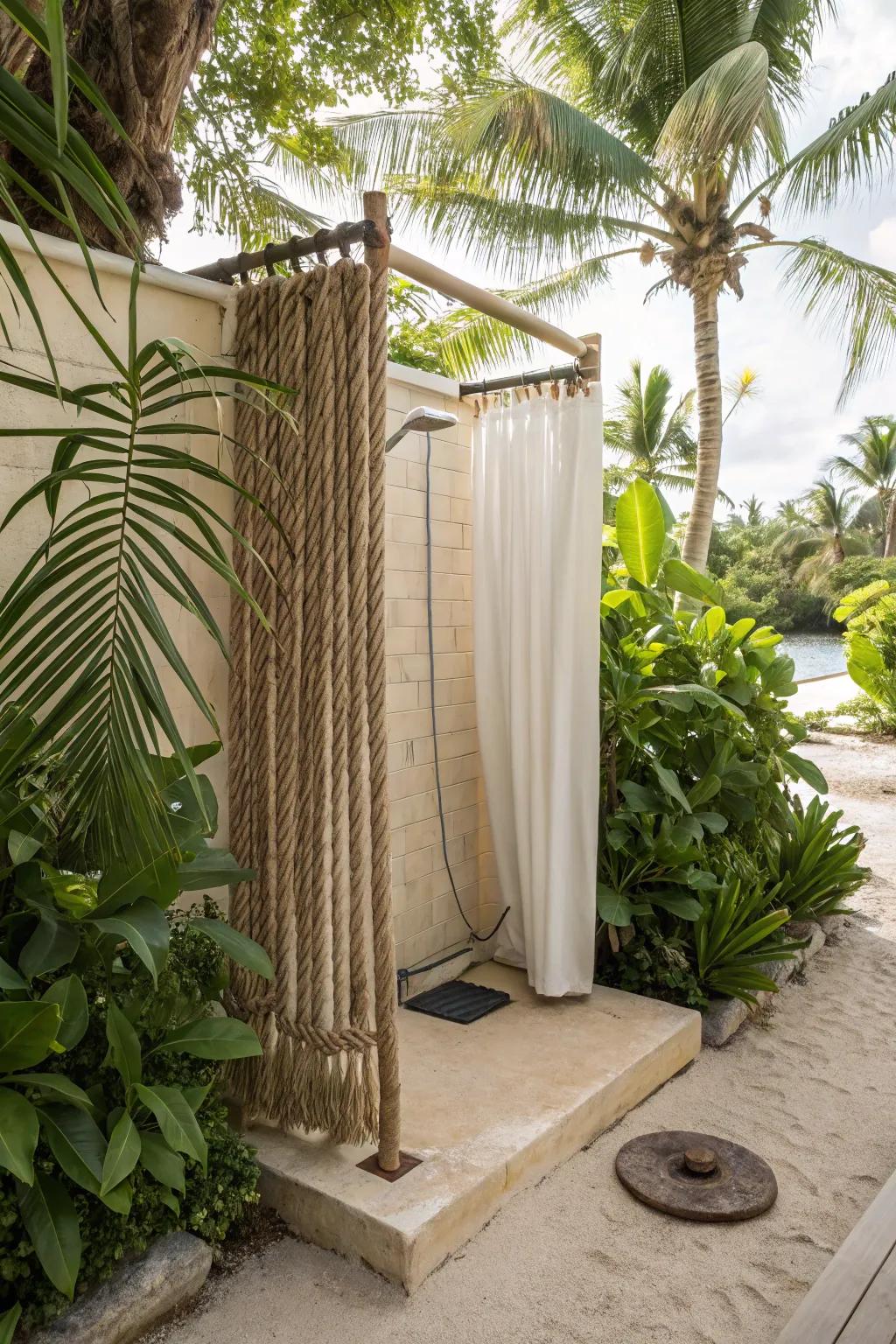 Beach-inspired bliss with sand and nautical ropes for a coastal shower experience.
