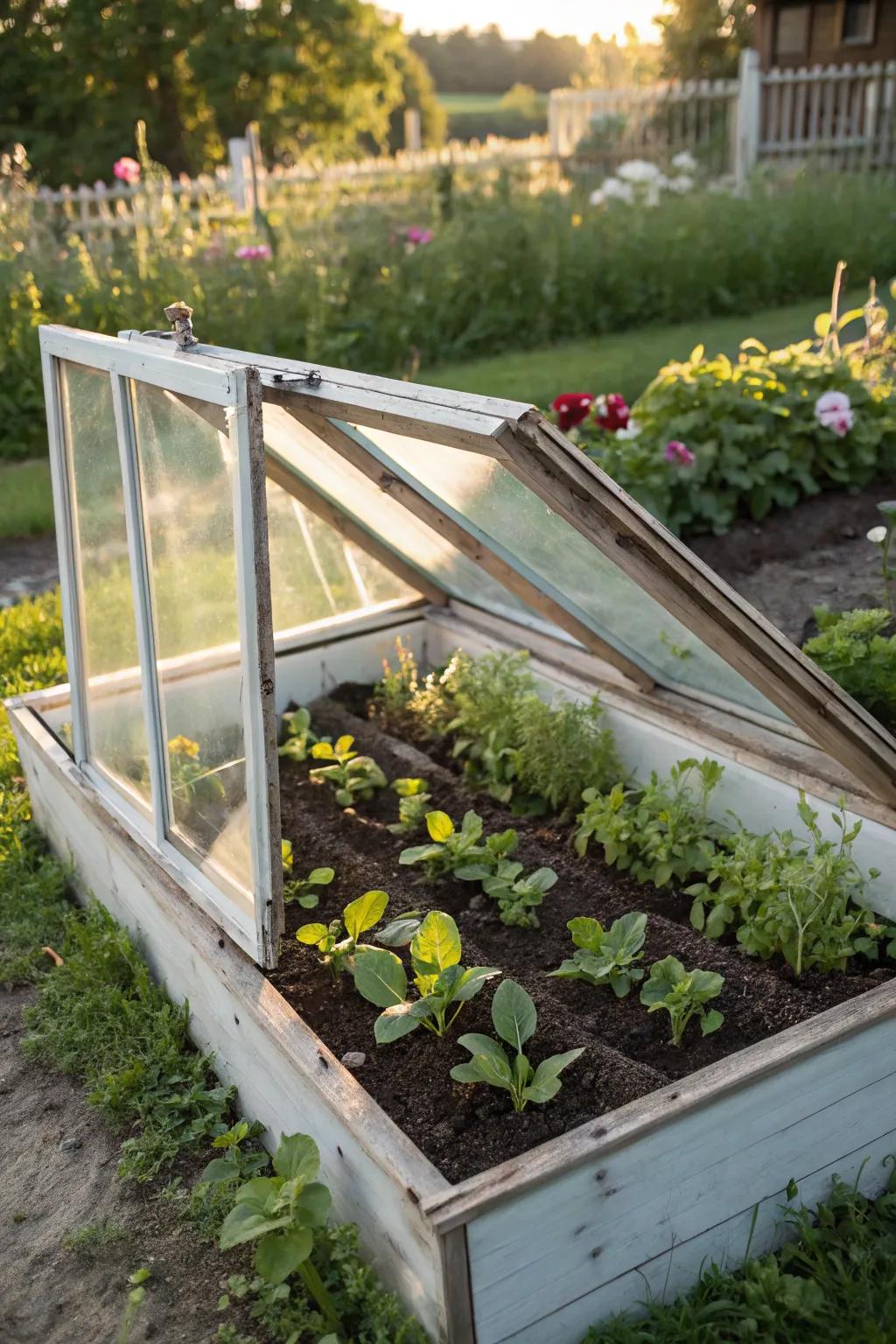 A cold frame providing warmth and protection for young plants.