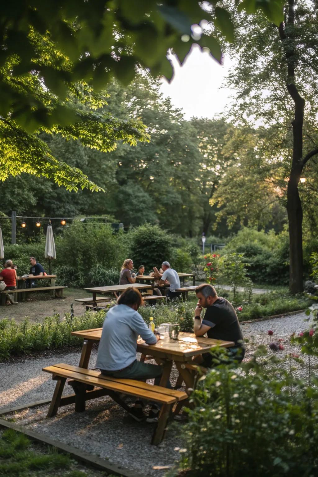 Wooden picnic tables are perfect for communal gatherings in your garden.