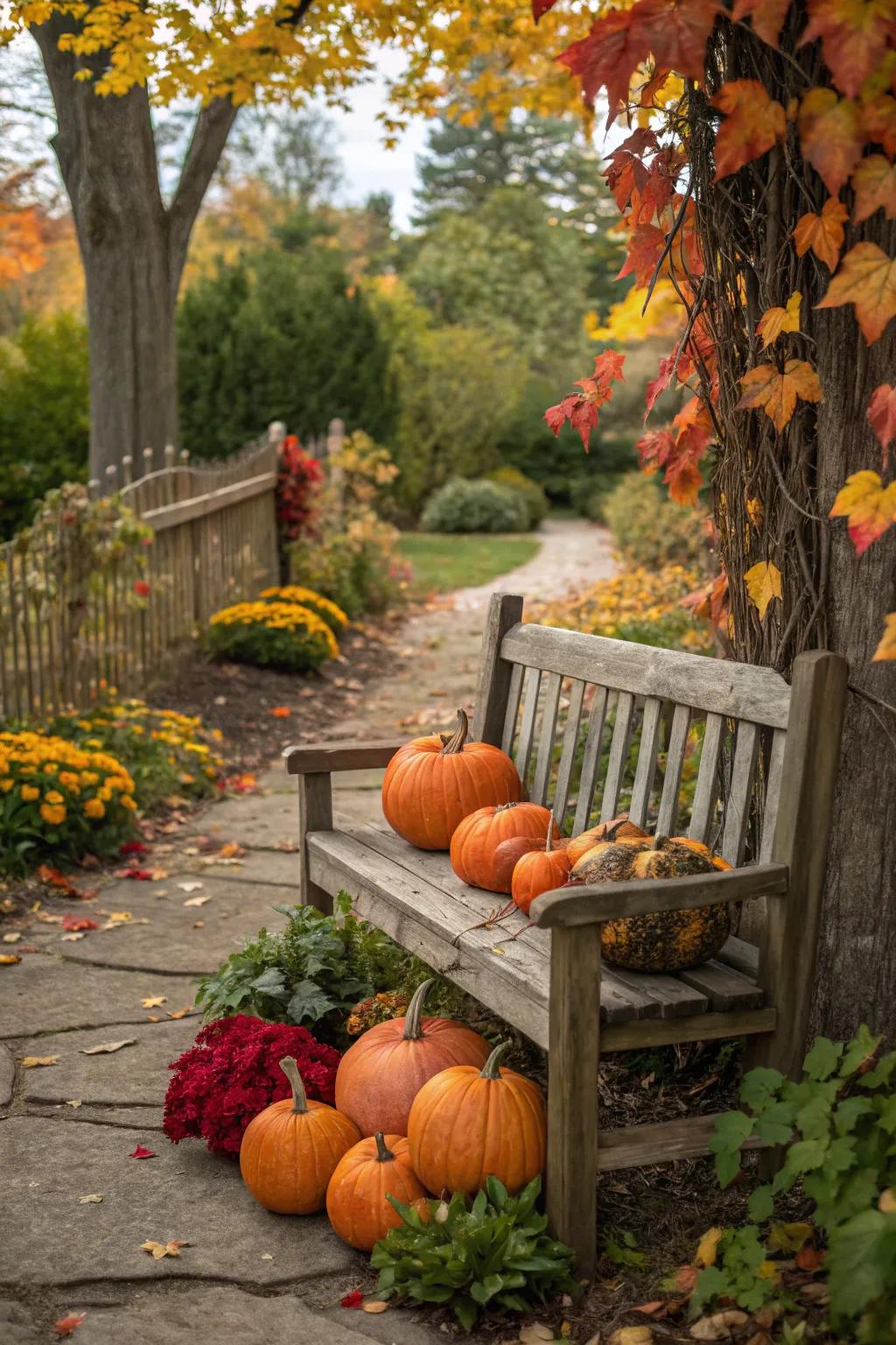 A rustic pumpkin display creating a cozy autumnal vibe in the garden.