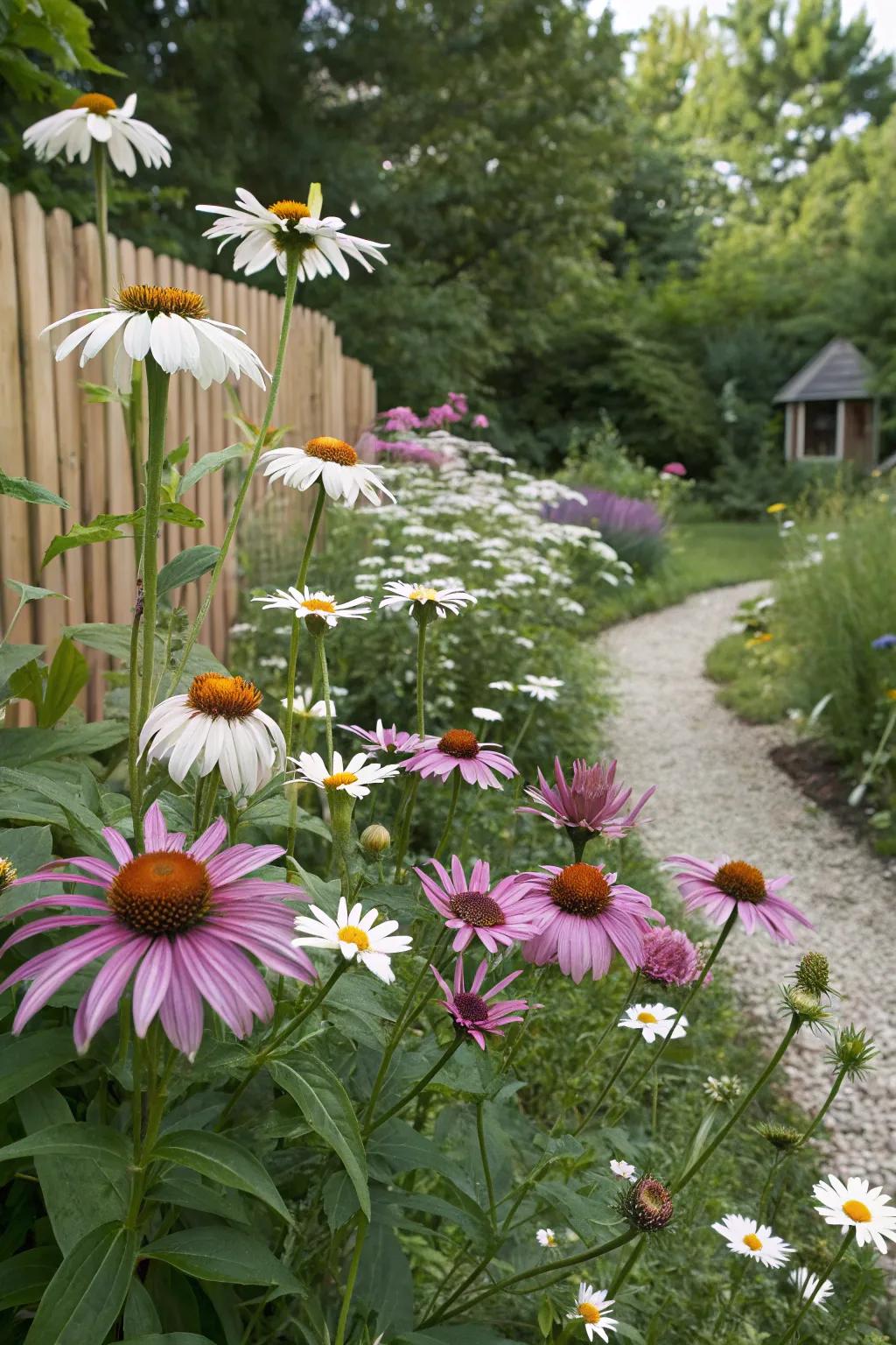 A charming cottage garden with coneflowers and daisies.