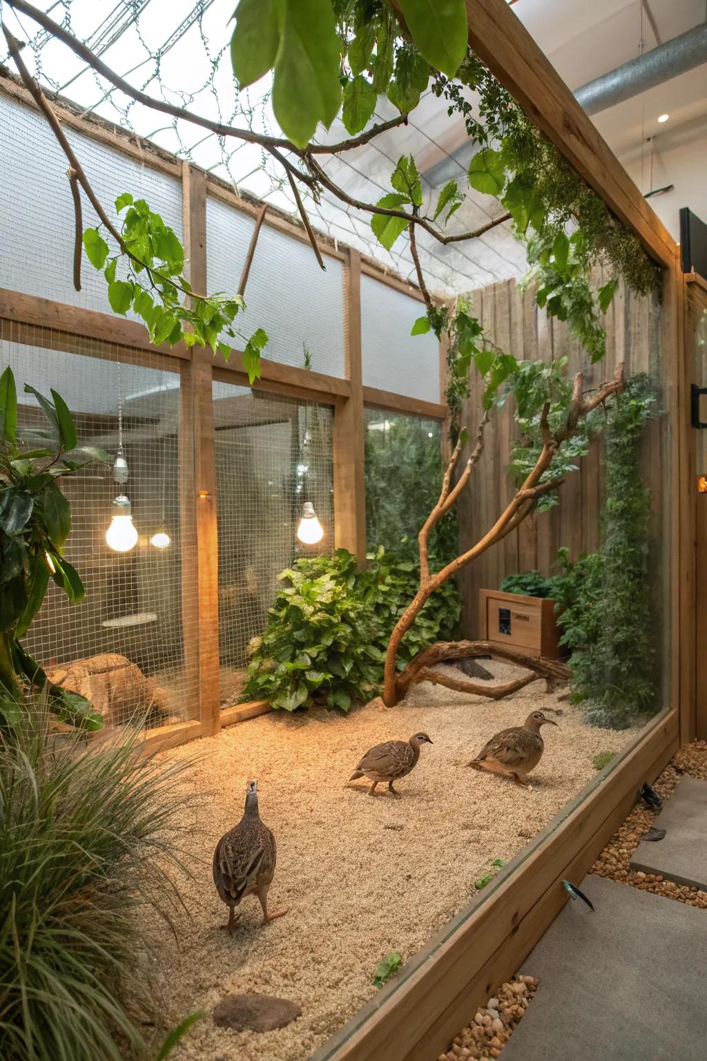 An aviary-style habitat offering quail plenty of space to spread their wings.