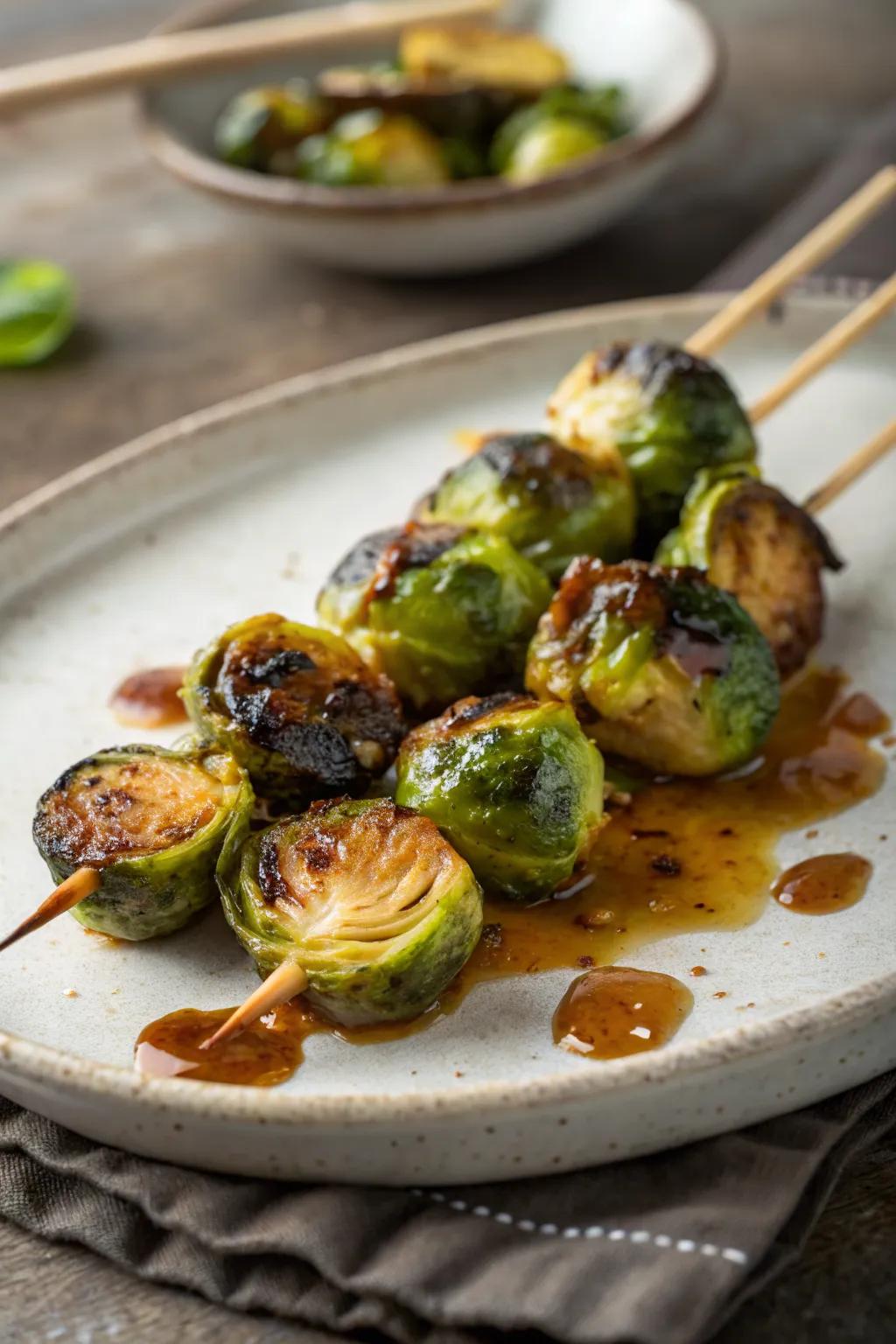 Sweet and tangy maple-mustard Brussels sprouts ready to enjoy.