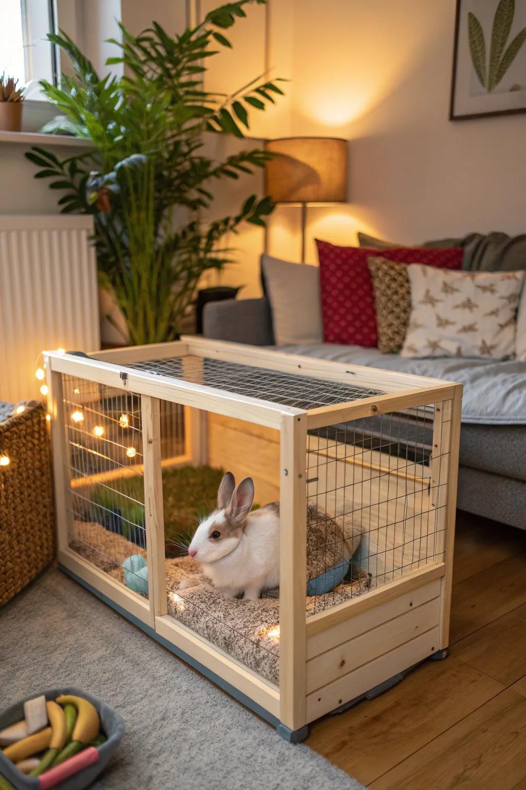 A rabbit cage crafted from diverse materials for safety and style.