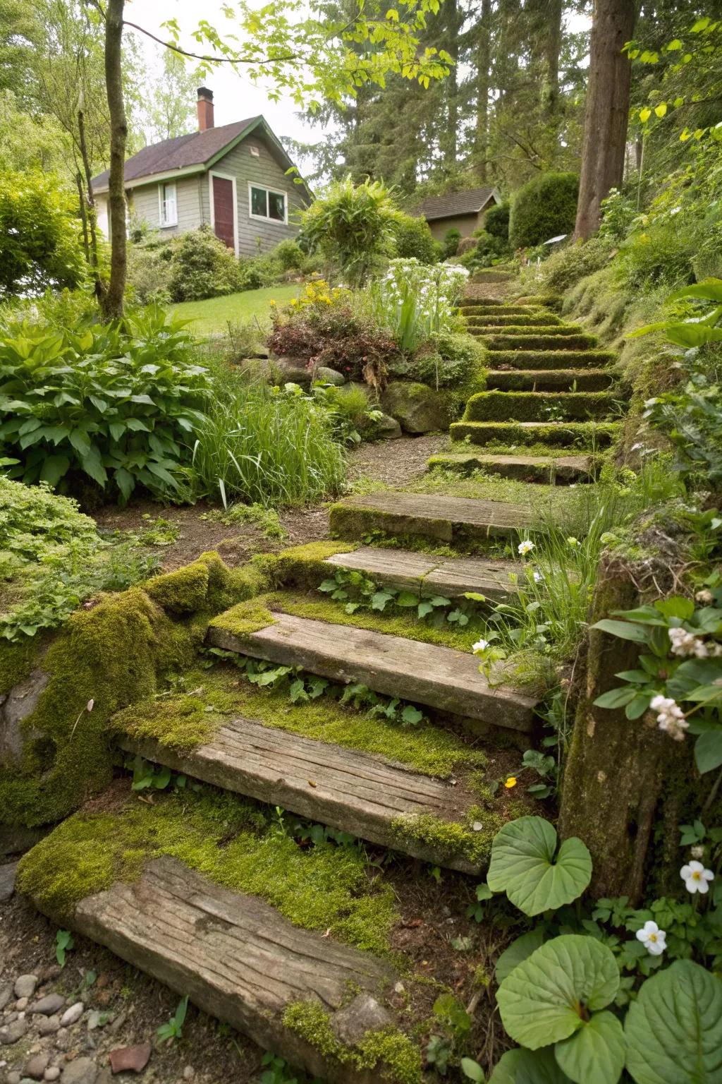 Step up your garden game with rustic railroad tie steps.