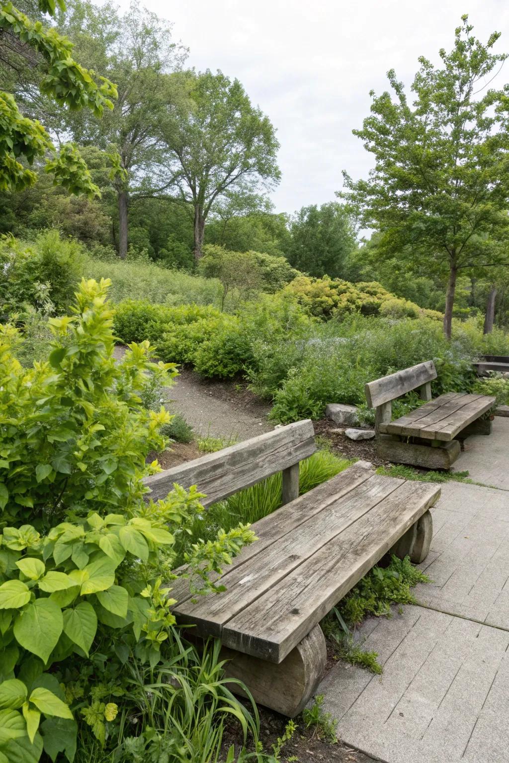 A charming seating area with railroad tie benches nestled among lush greenery.