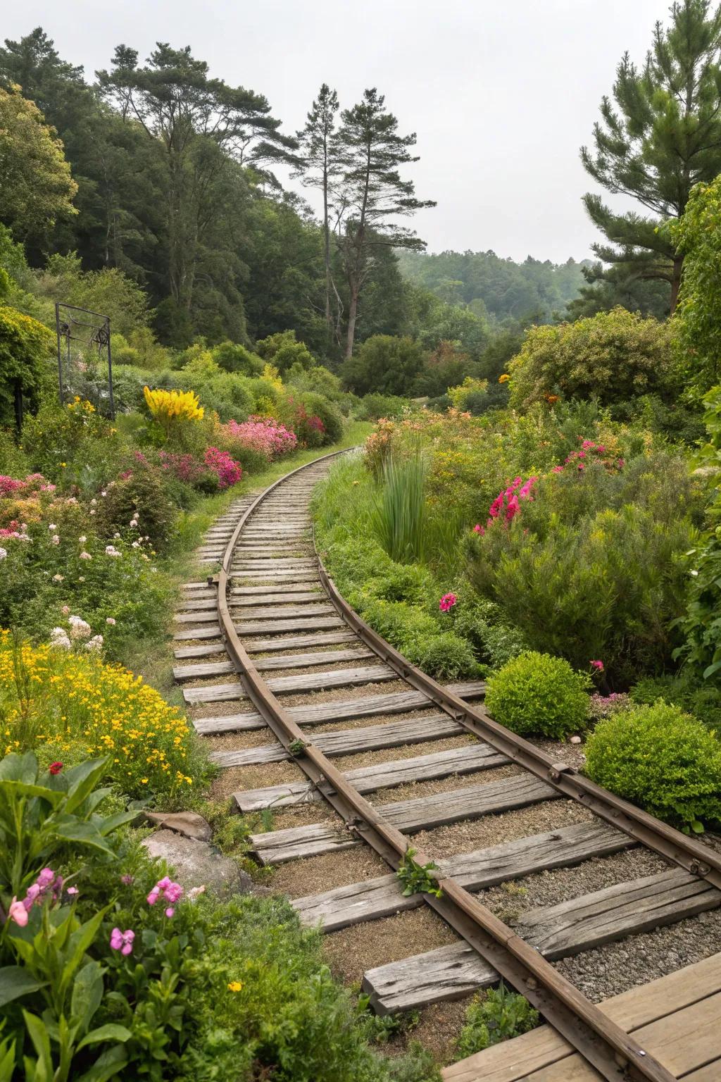 Railroad ties blend seamlessly with lush garden settings.