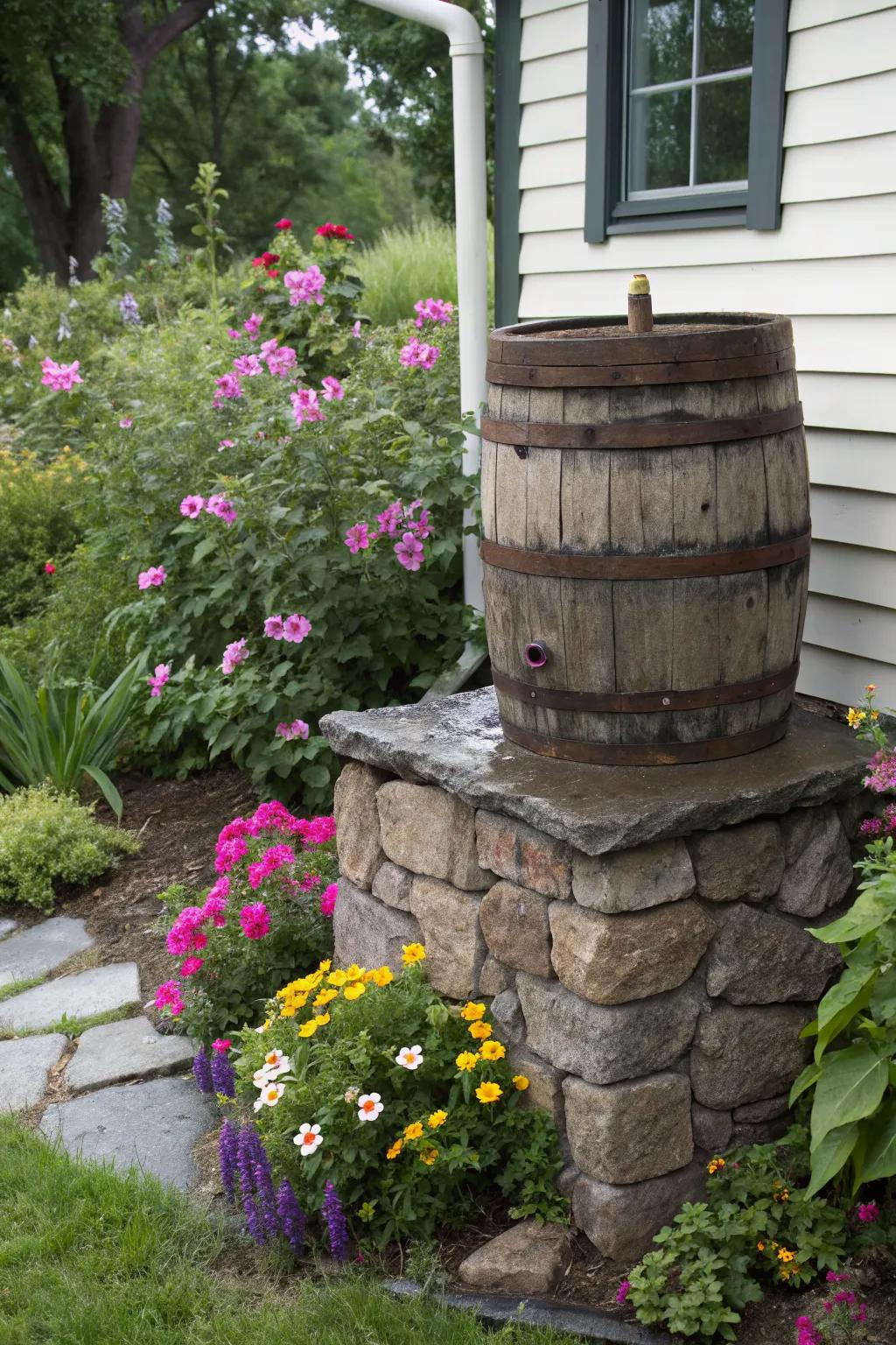 A rain barrel elegantly elevated on a stone pedestal