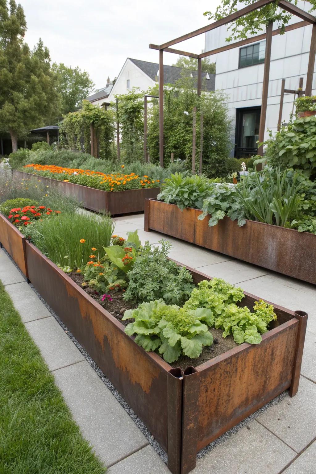 Corten steel frames add a chic industrial vibe to garden borders.