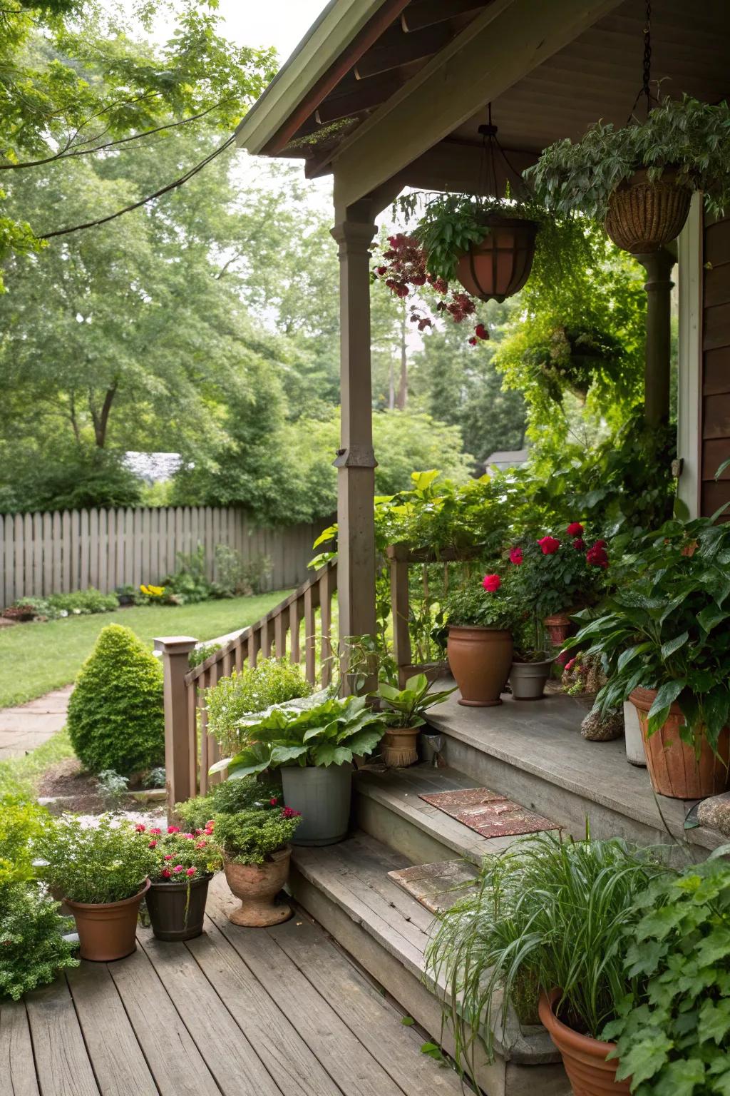 A raised porch adorned with various potted plants and lush greenery.