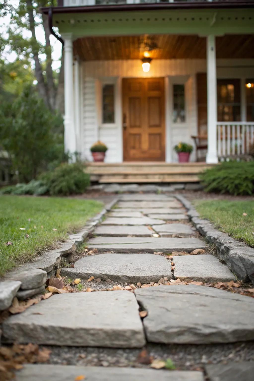 A charming stone pathway guiding visitors to a raised front porch.