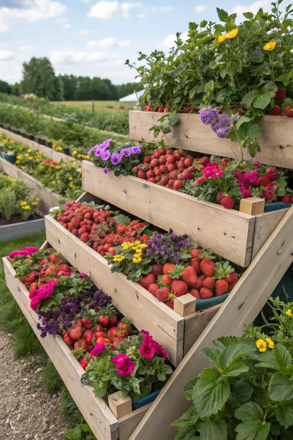 Tiered garden boxes add depth and maximize planting area.