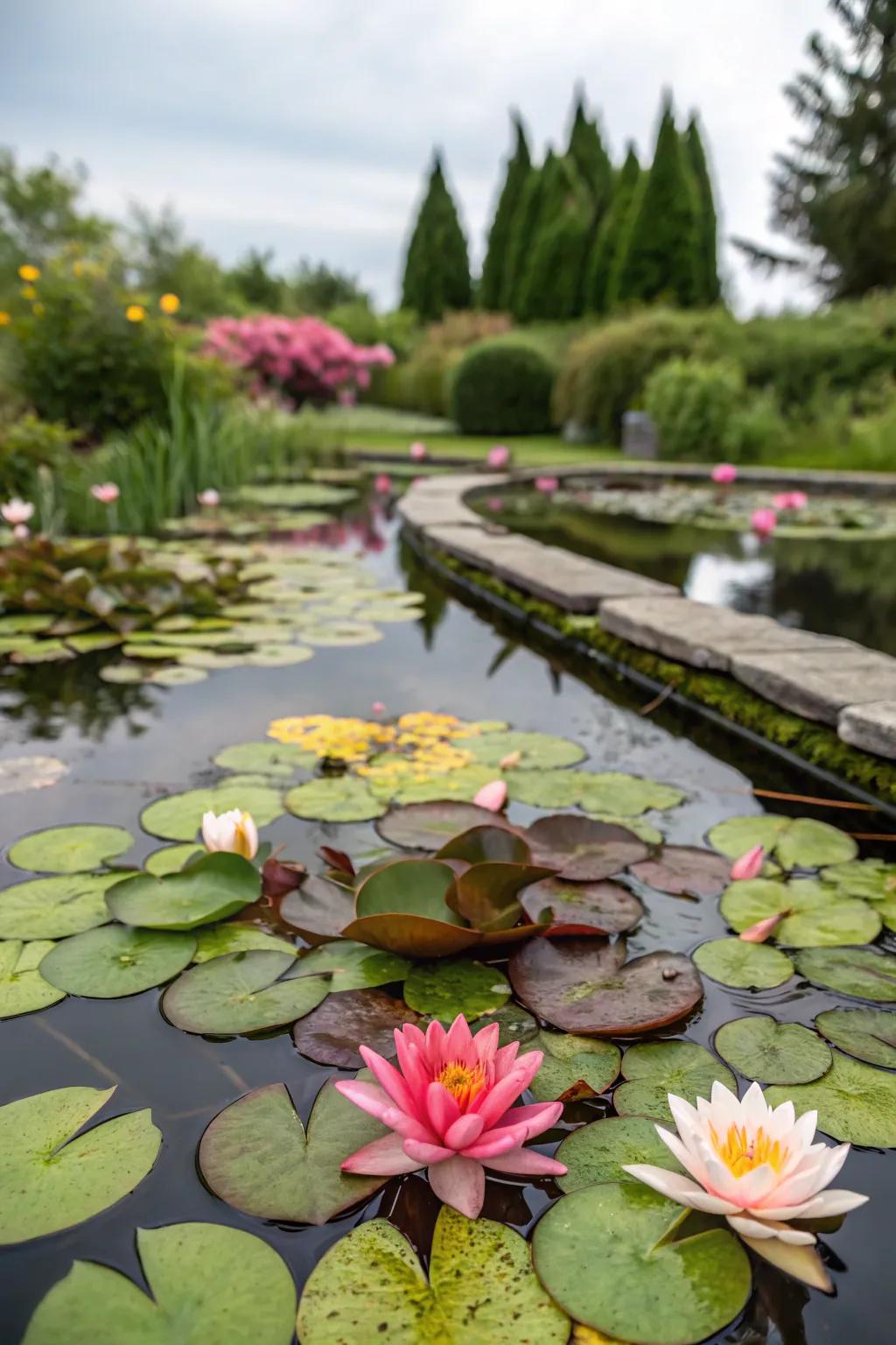 Aquatic plants add life and color to your raised garden pond.