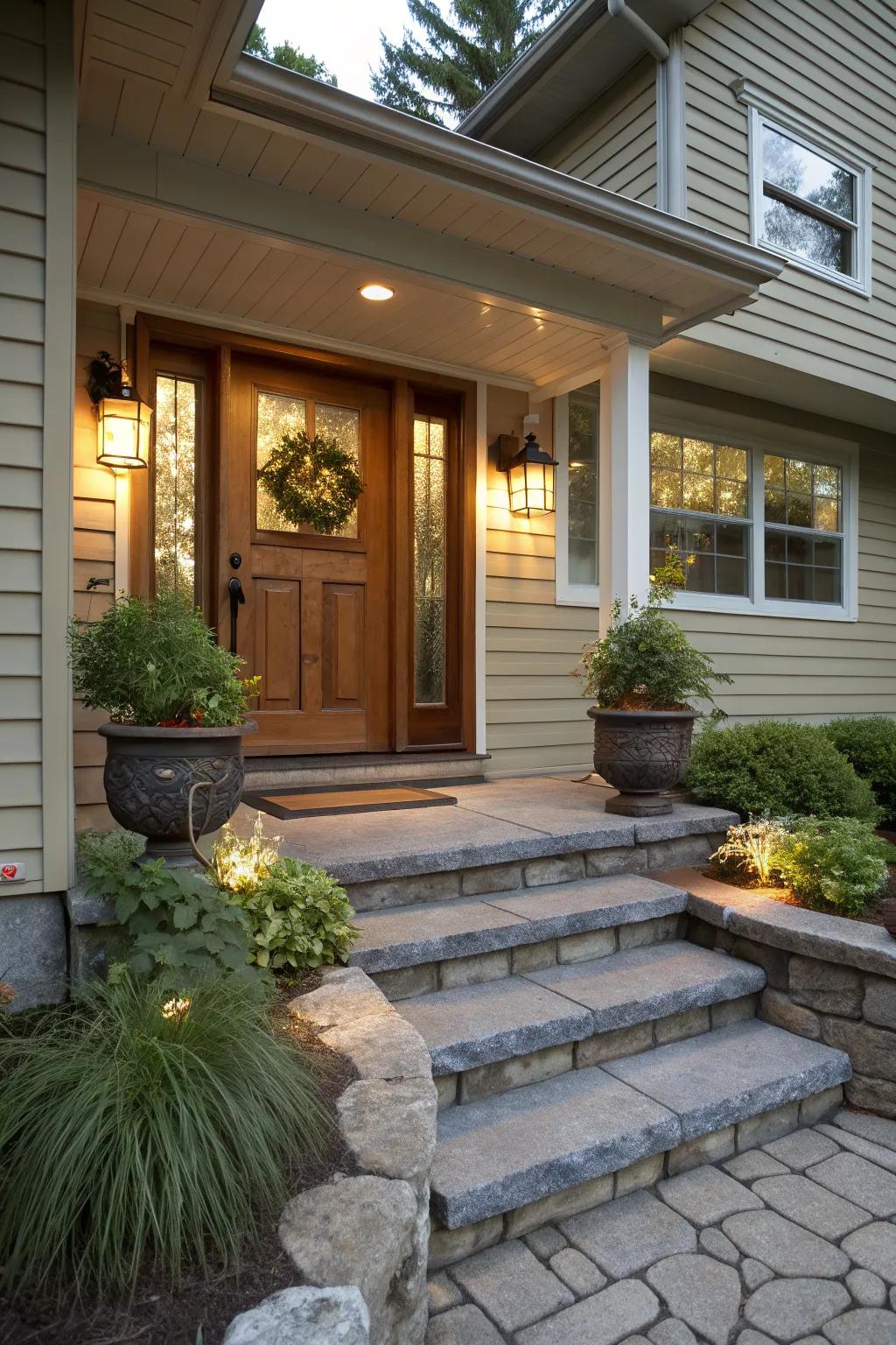 A charming raised ranch entrance with potted plants and stylish exterior lighting.