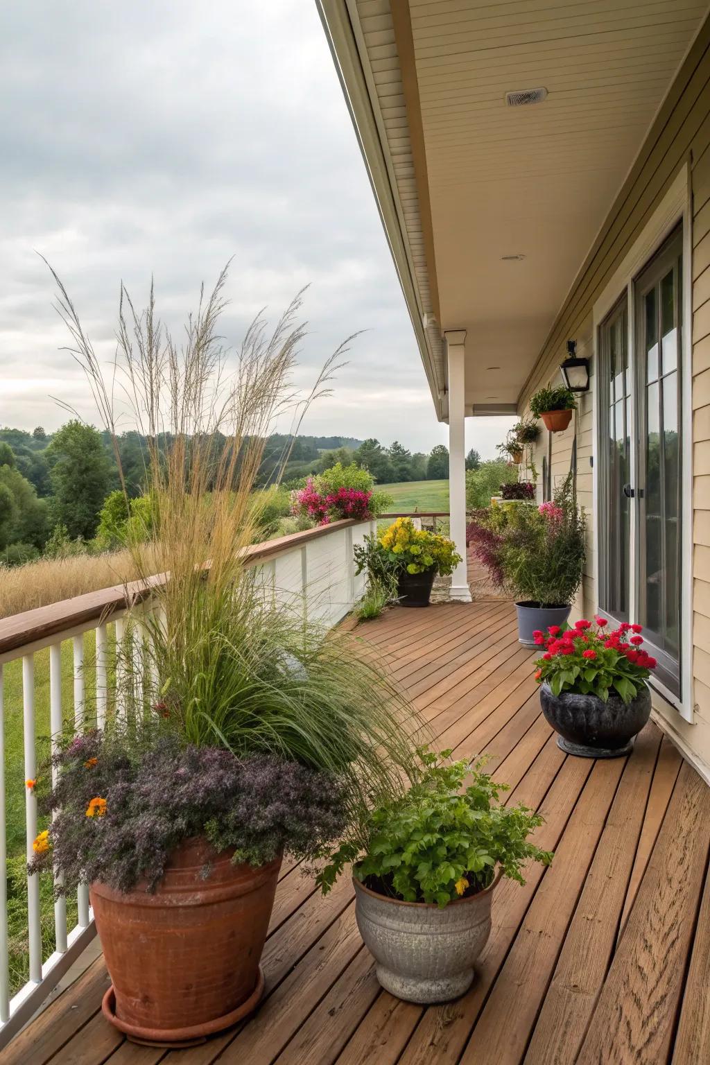 Potted plants add vibrant life to the porch.