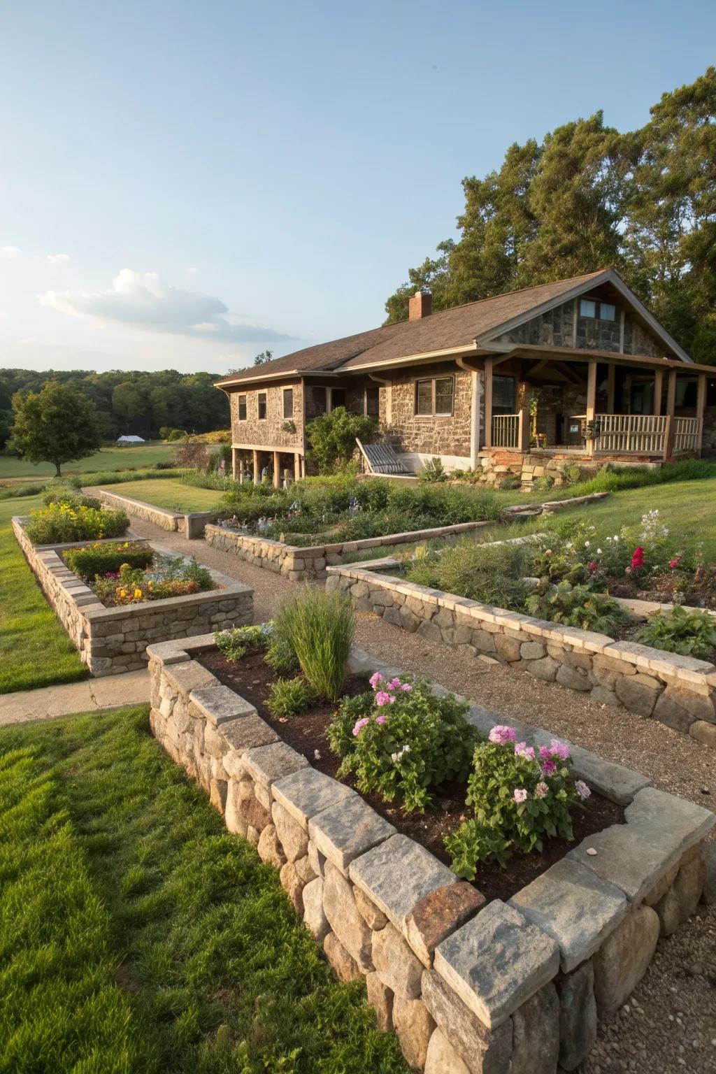 Natural stone borders add rustic charm and structure to your garden.