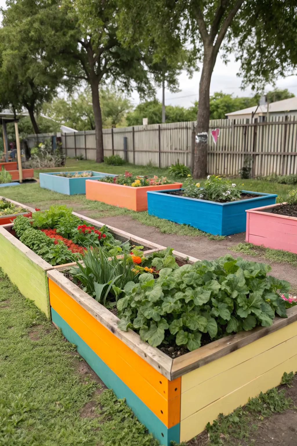 Colorful painted raised garden beds adding vibrancy to the backyard.