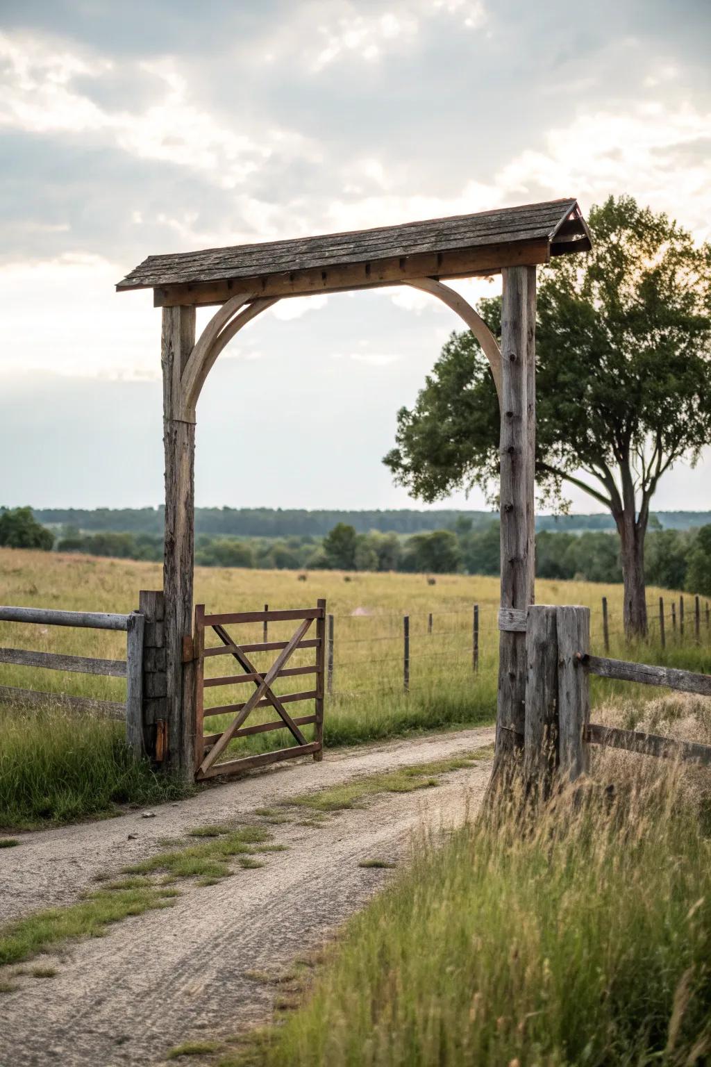 A welcoming ranch gate with an overhead beam.
