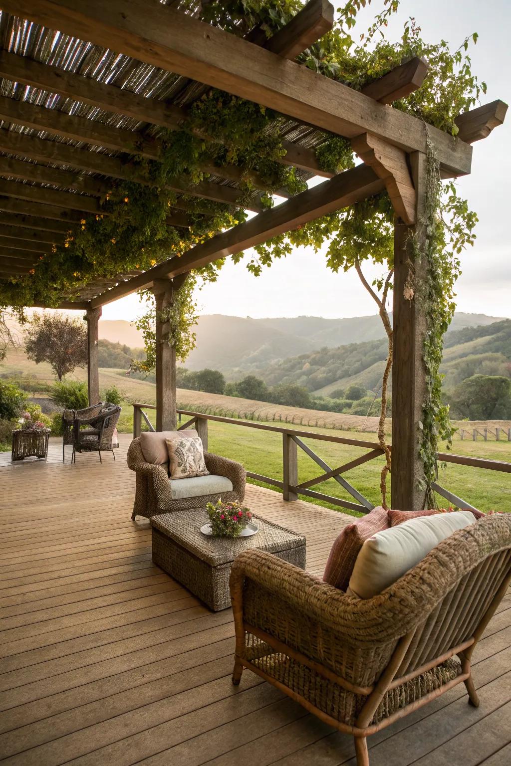 A pergola offers shade and style on this ranch house porch.