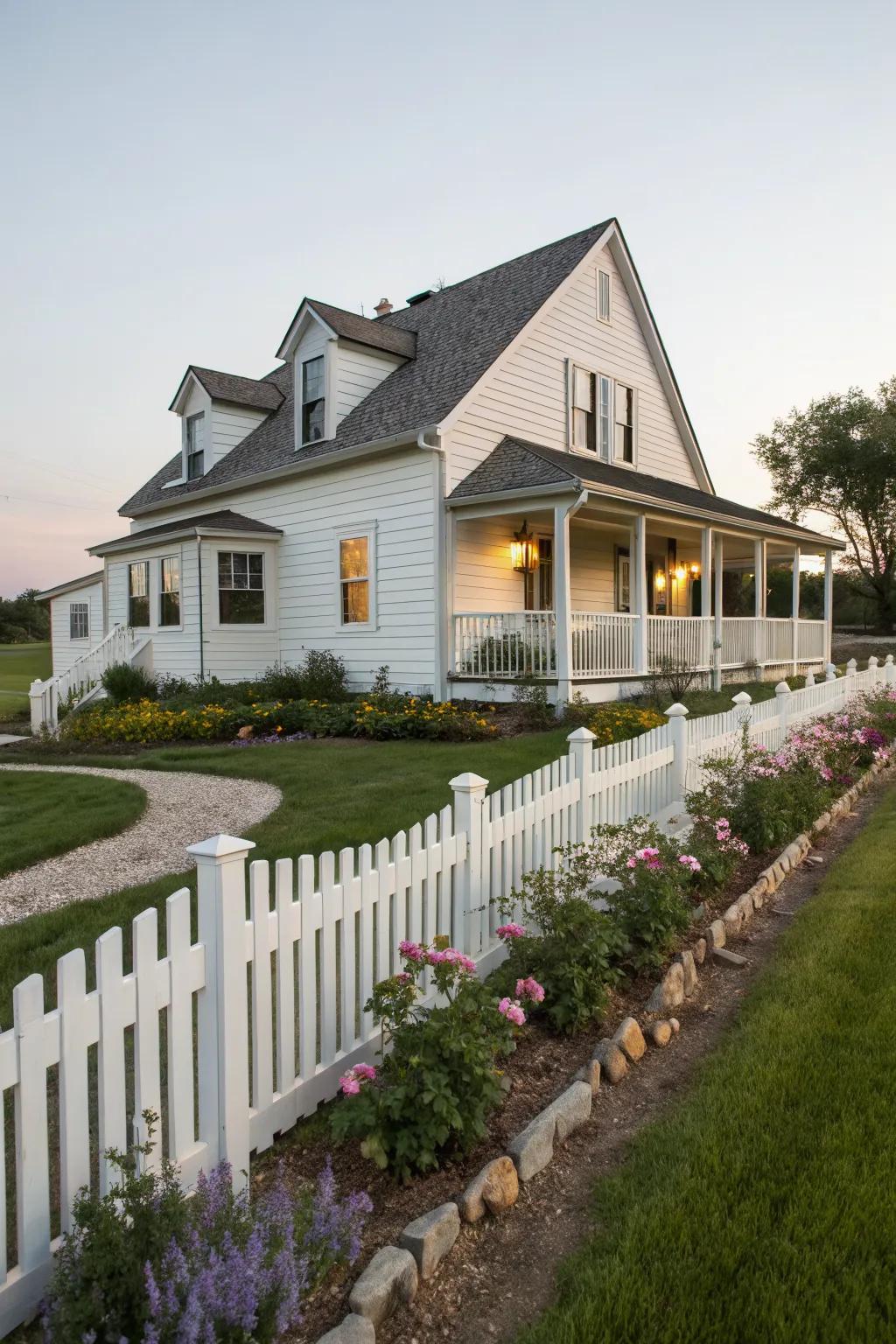 White clapboard siding offers timeless elegance.