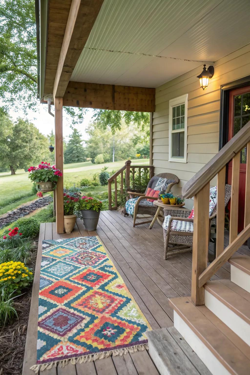 An outdoor rug brings warmth and color to this cozy ranch porch.