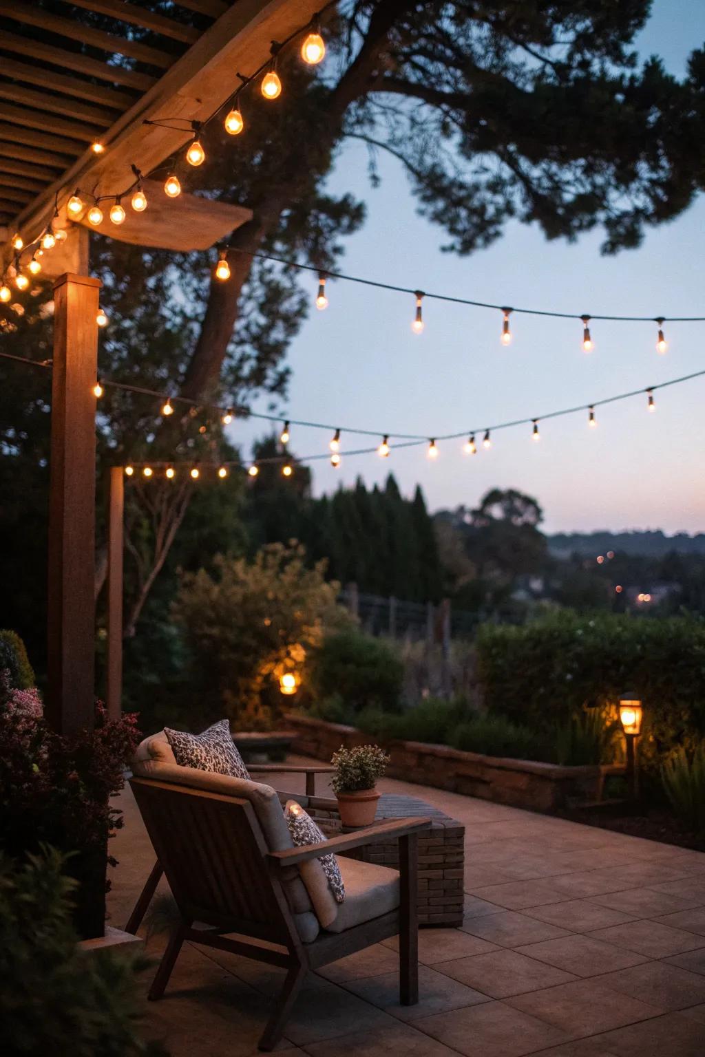 String lights add a touch of magic to this patio at night.