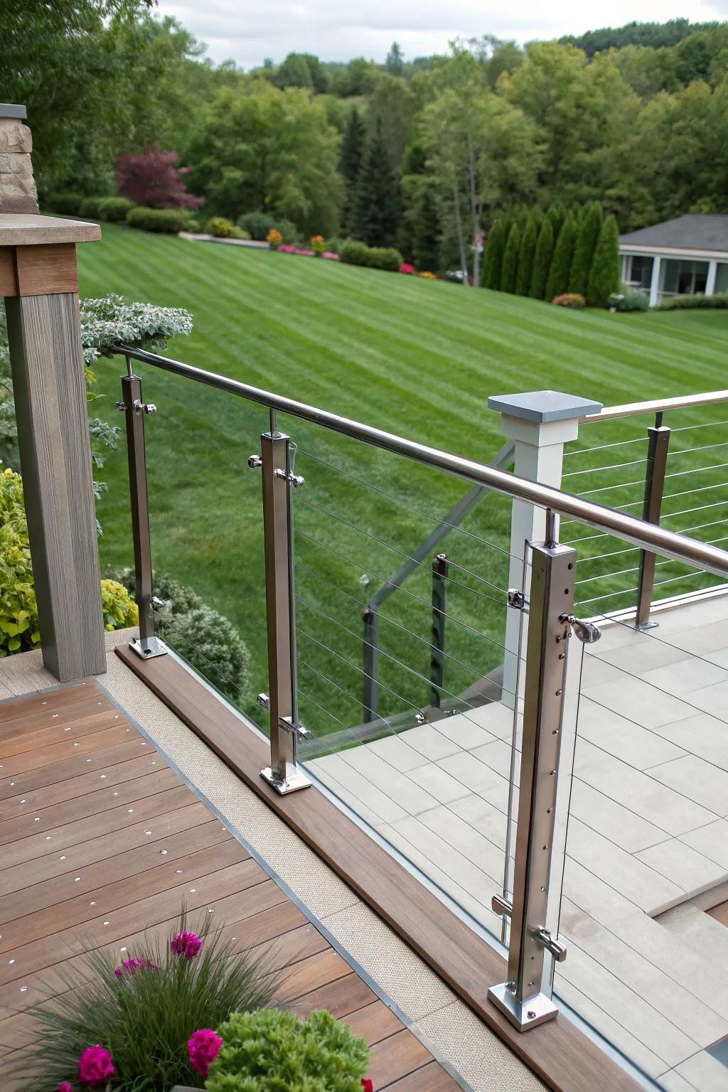 Fusion of rebar and glass creates a modern and transparent deck railing.