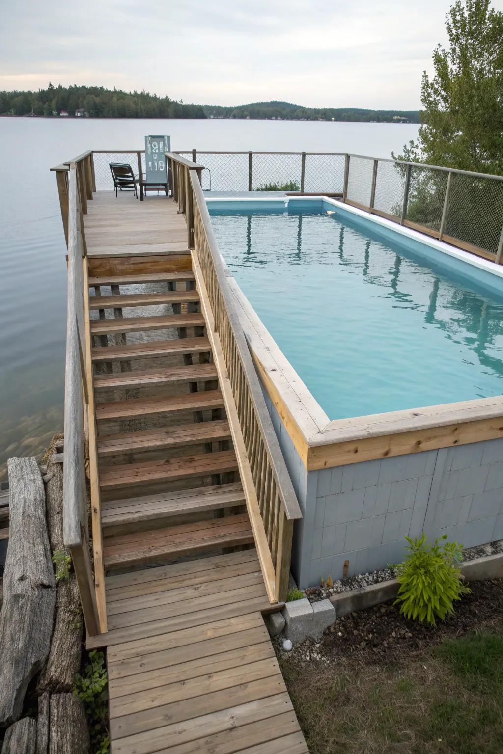 Integrated stairs offer a safe and elegant entry to the pool.