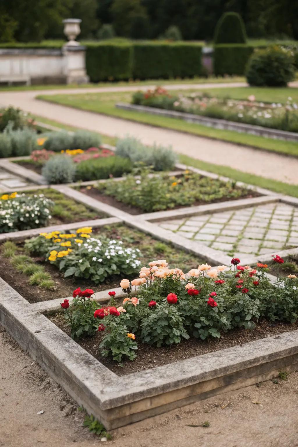 A structured rectangular flower bed, showcasing organized planting for a tidy appearance.