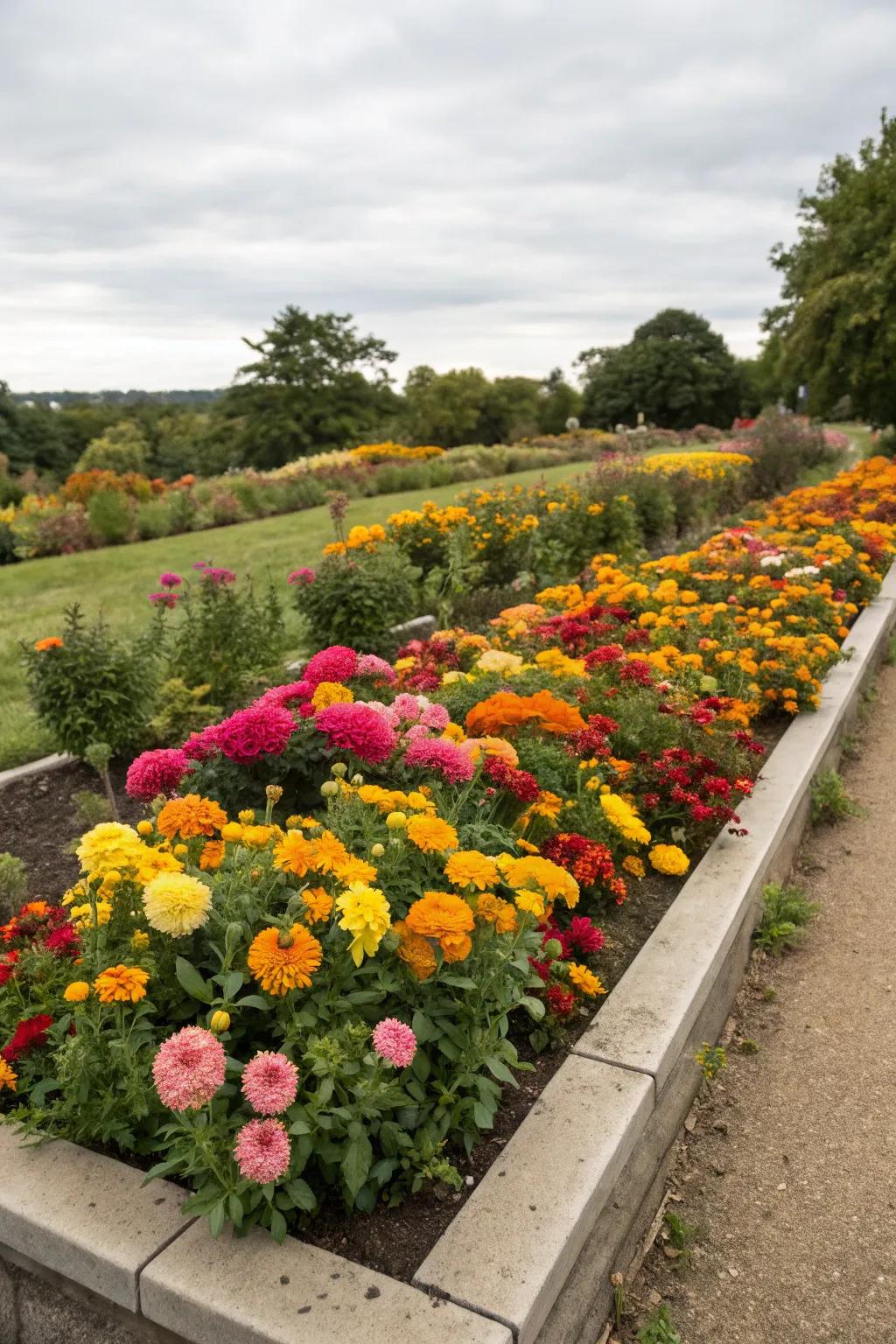A seasonal flower bed showcasing a dynamic display of blooms.