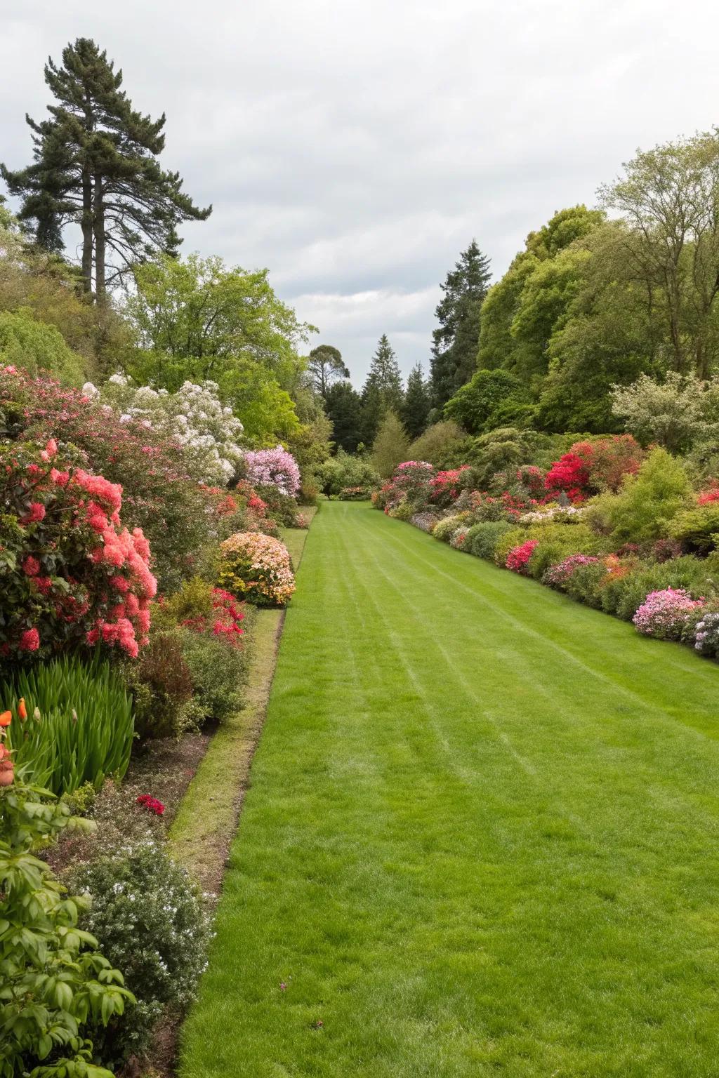 A lush green lawn as the centerpiece of a rectangular garden