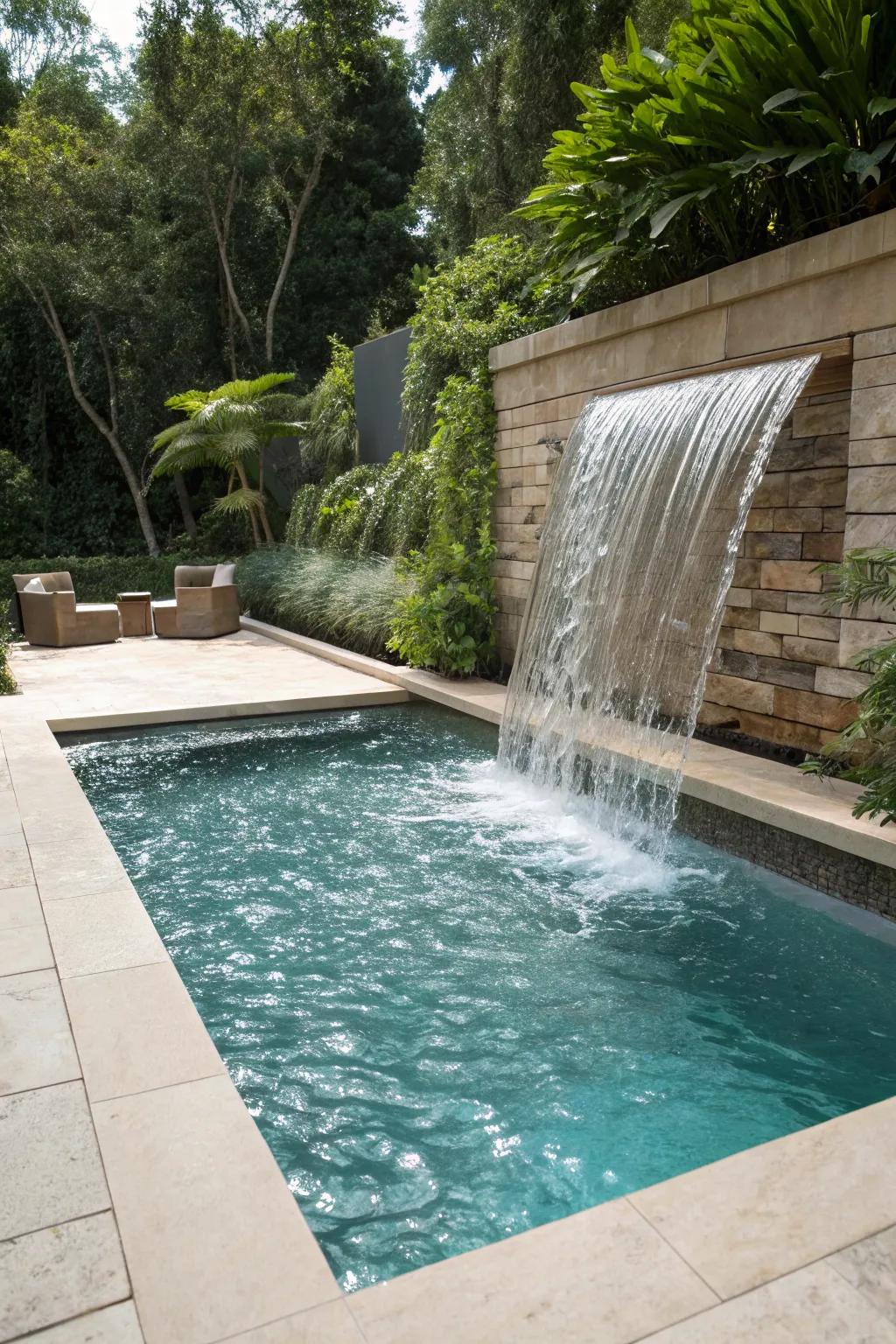 A rectangular pool enhanced by a stunning cascading waterfall