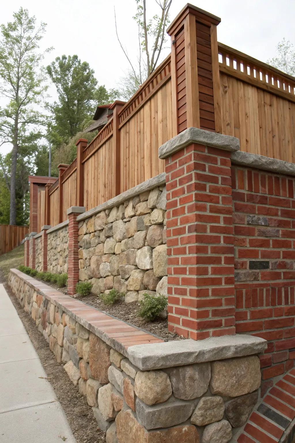 A stunning mix of red brick, stone, and wood in a retaining wall.