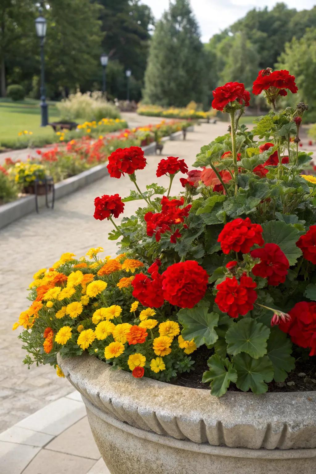 Cheerful marigolds bring a sunny touch to this vibrant red geranium planter.