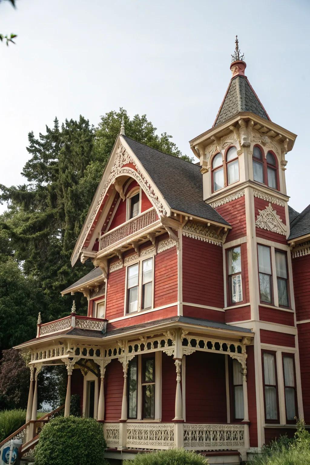 Victorian elegance with a red and cream exterior.