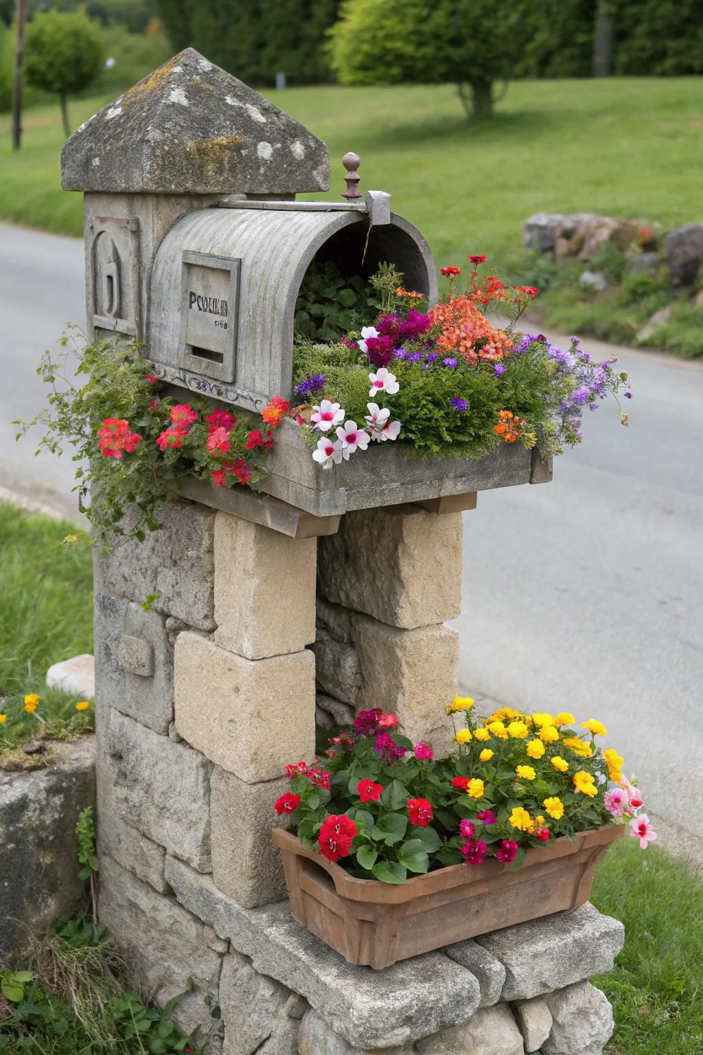 A stone mailbox with integrated planters bursts with colorful blooms.