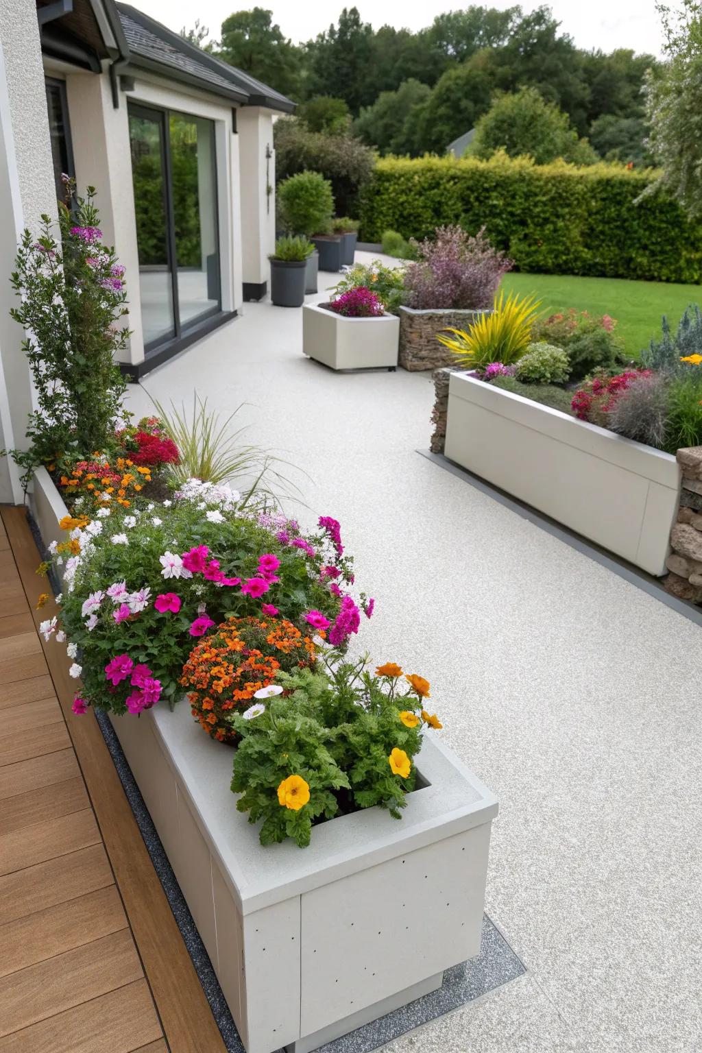 A resin patio featuring integrated planters filled with bright flowers.