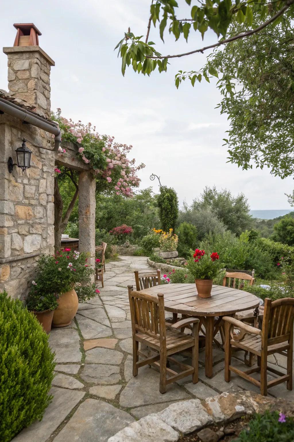 Rustic elements add warmth and timeless charm to outdoor dining spaces.