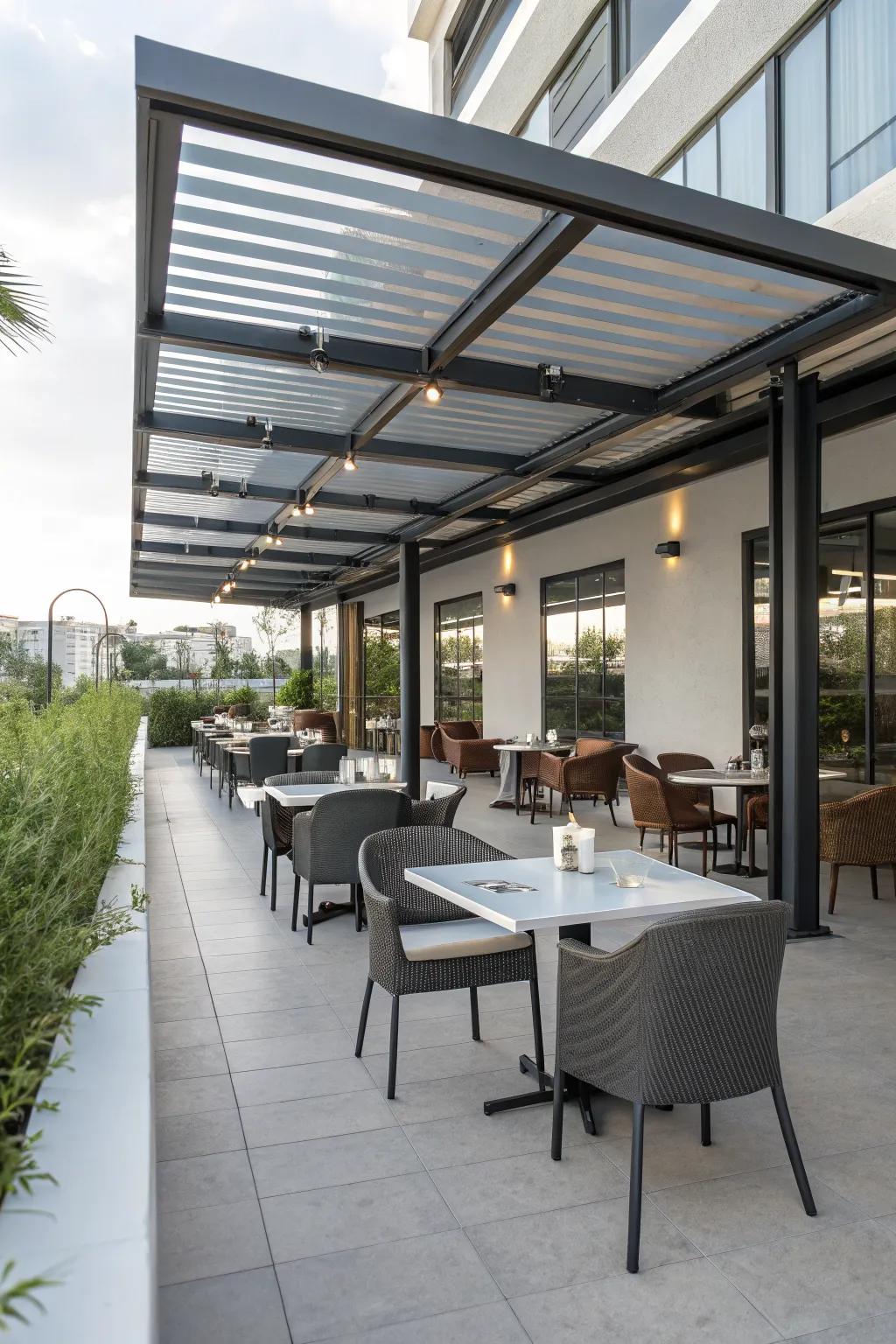 A sleek, modern patio featuring a stylish metal cover.