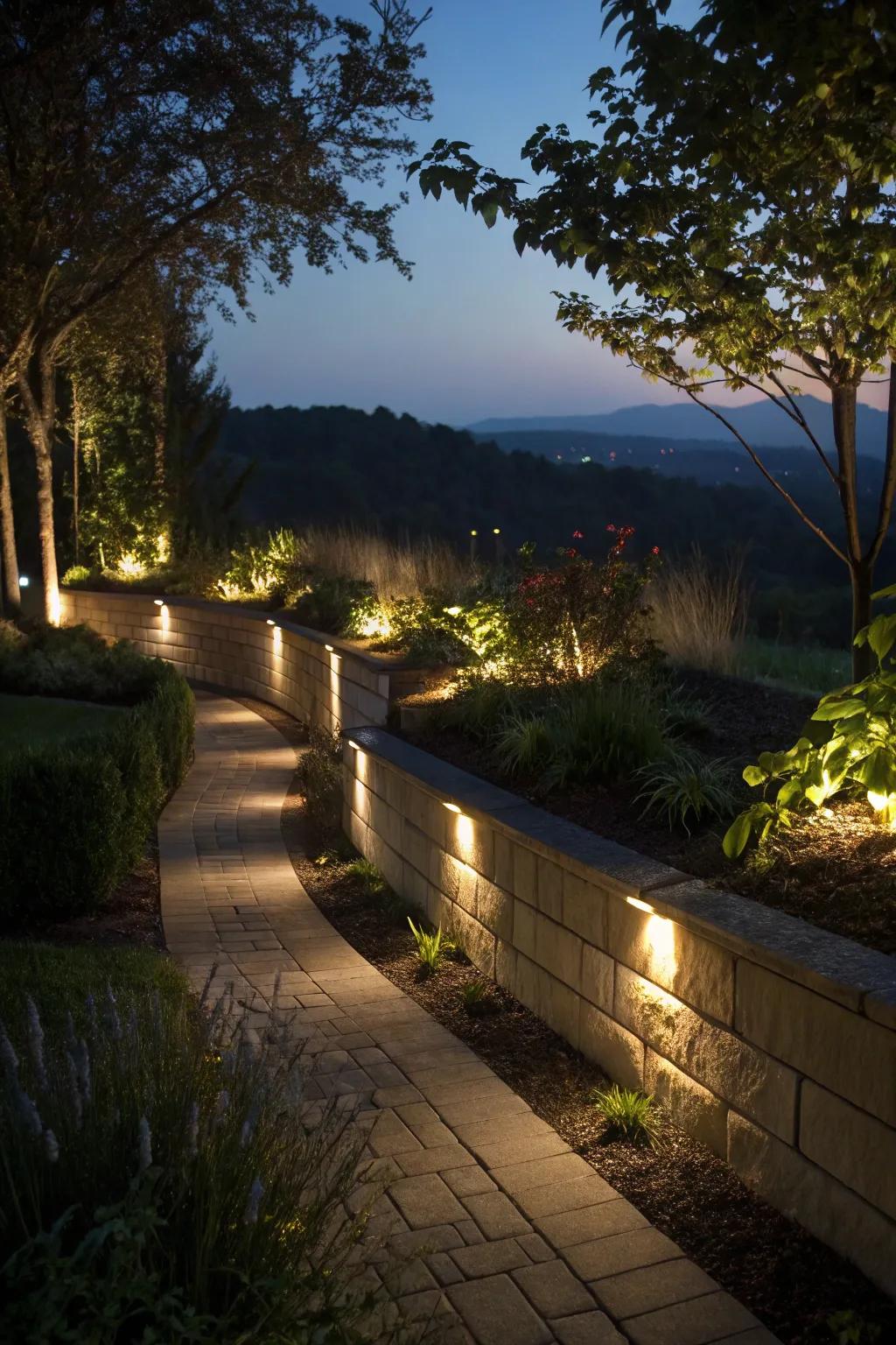 LED lighting under wall caps creates a magical evening atmosphere.