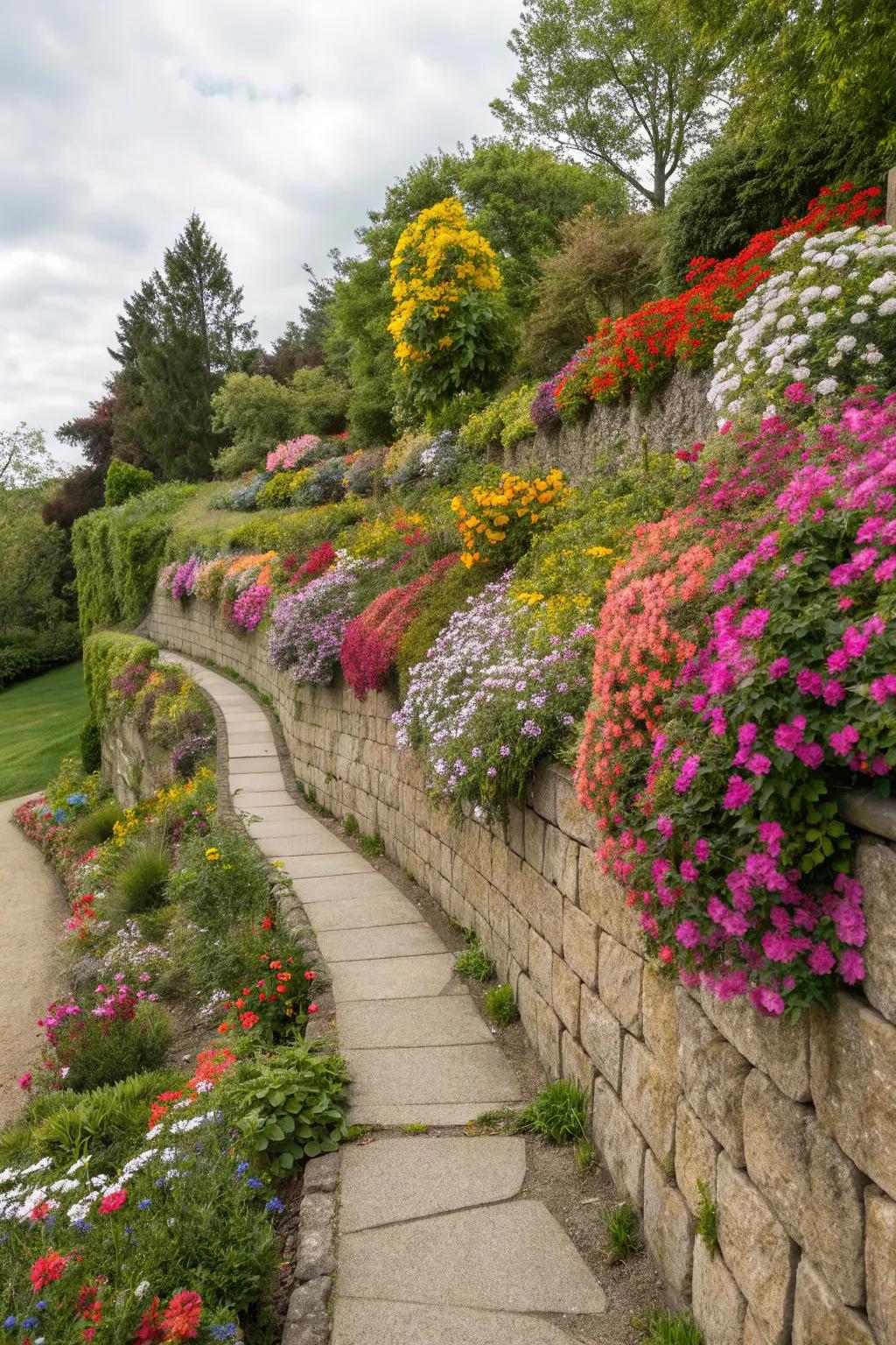 A retaining wall planter filled with a vibrant mix of colorful flowers.