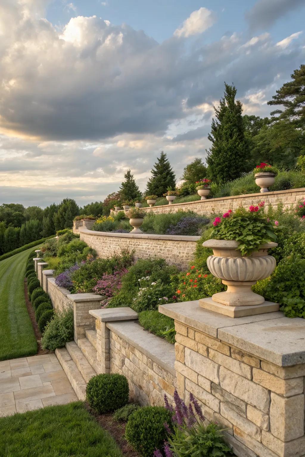 Curved stone caps create a sense of movement and flow.