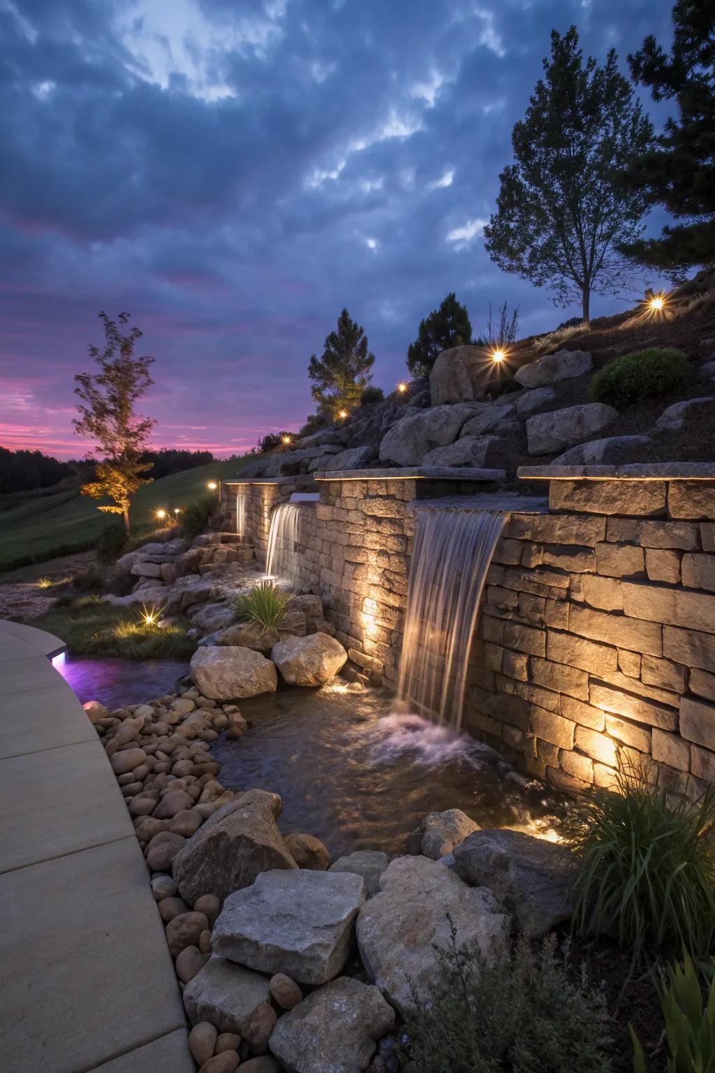 Lighting can turn your waterfall into a nighttime focal point.